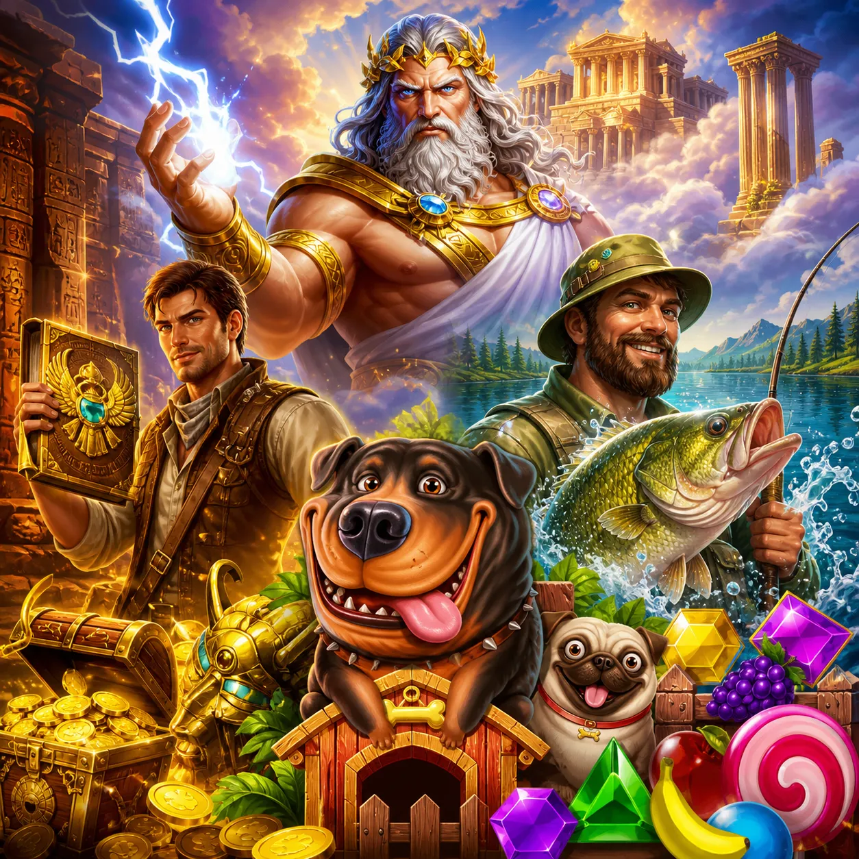 Fantasy adventure slot game artwork with hero characters, treasure, and mythical landscapes.